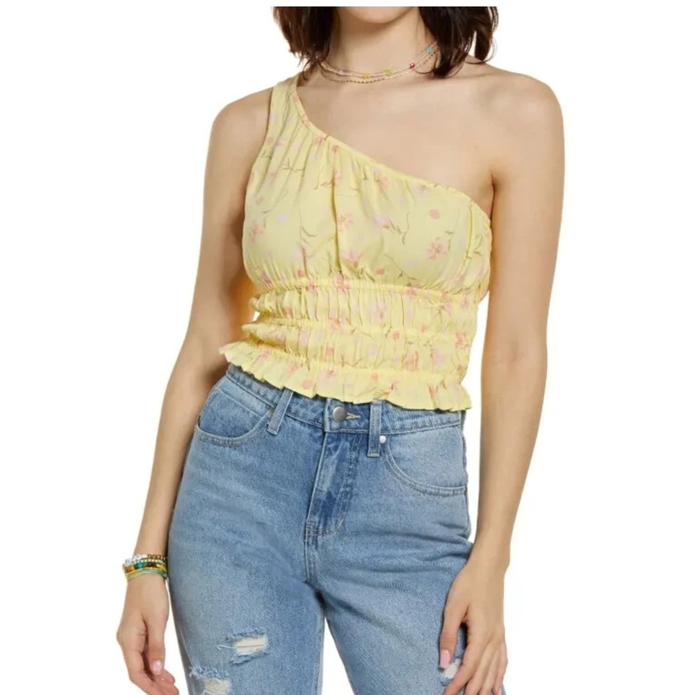 Nordstrom BP One Shoulder Floral Smocked Crop Top Womens Large Yellow Lemonade L